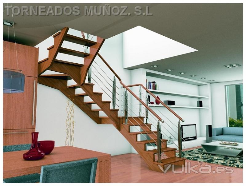 Escalera de madera y barandilla de Acero.