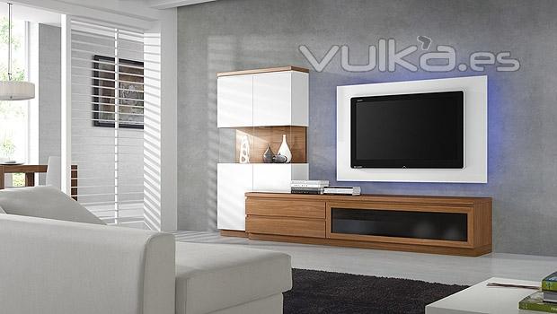 Mueble vitrina con panel TV en blanco