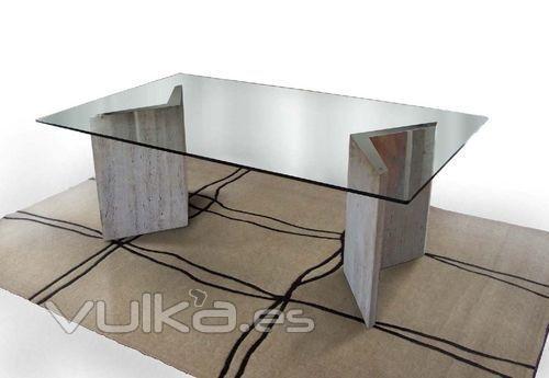 Mesa de Comedor Hualapai 220x120x73 Mrmol travertino y acero inoxidable pulido