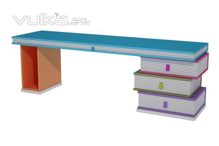 Mesa de estudio compuesta de muebles libro, con modulo libro para CPU