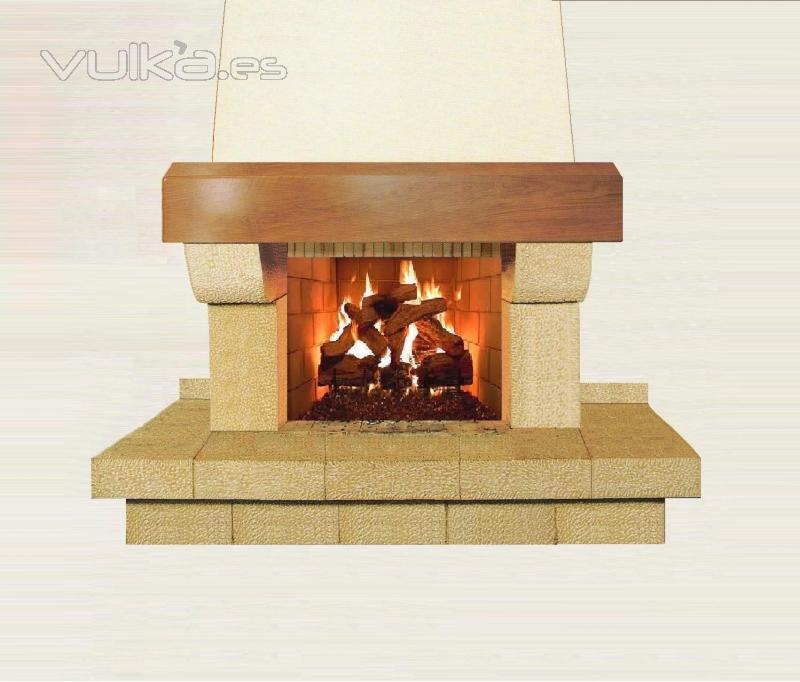 CHIMENEA DE PIEDRA ESTILO ABUJARDADA CON CABEZAL DE MADERA