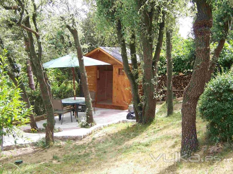 Casita de madera en el bosque.