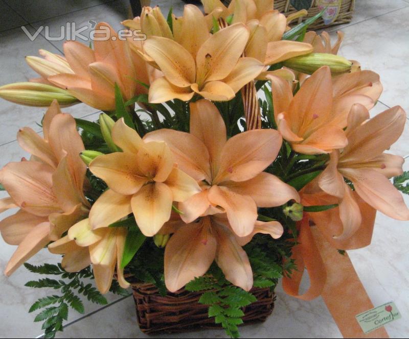 cesta de lilium salmón