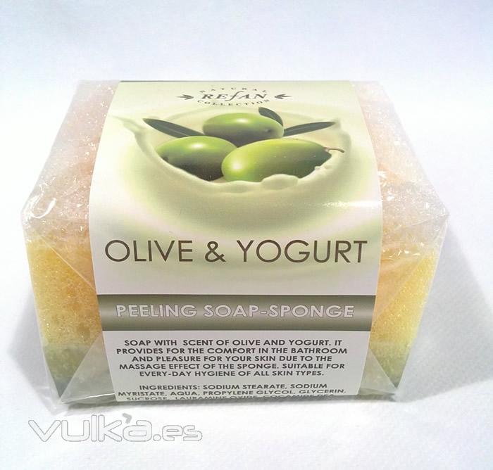 Jabon esponja efecto peeling aroma Oliva y Yogur