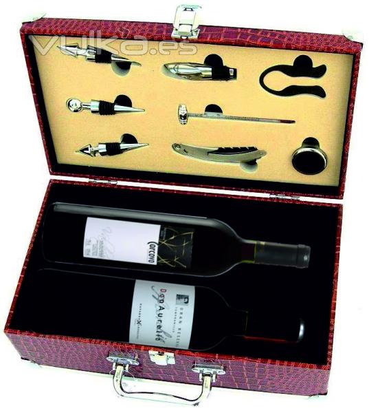 Maleta con dos botellas de vino y accesorios servicio vino