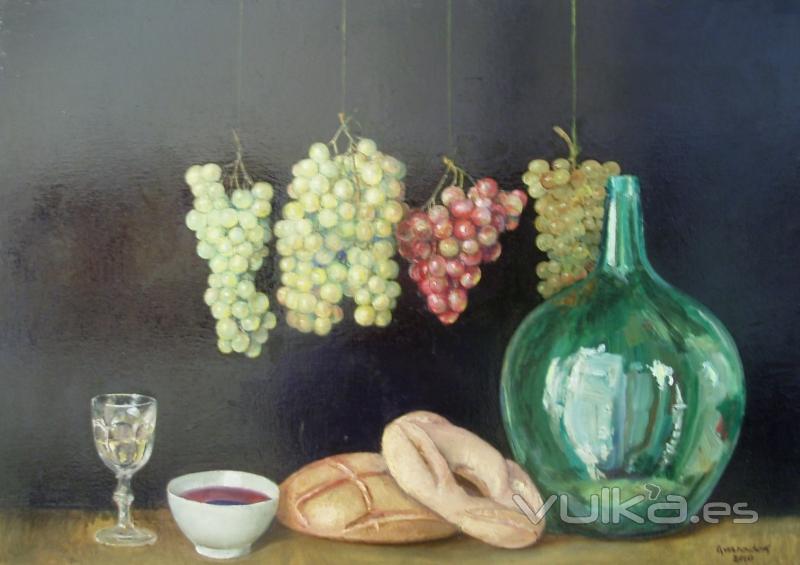 Bodegón del Pan y las Uvas-Obra de Miguel GRANADOS Pérez en óleo sobre lienzo