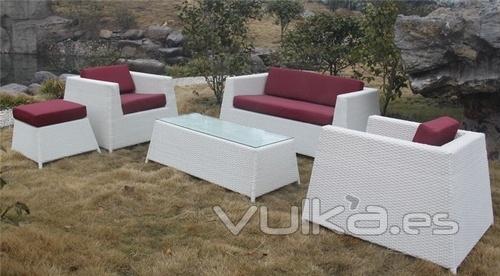 Set CABOPINO-BL, 2 sillones + sofá + ottoman + mesa baja, aluminio y ratán blanco