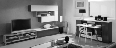 Comedor moderno con bufet de mesa adaptable y detalle naranja
