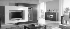 Comedor moderno en blanco, ceniza y con detalle naranja