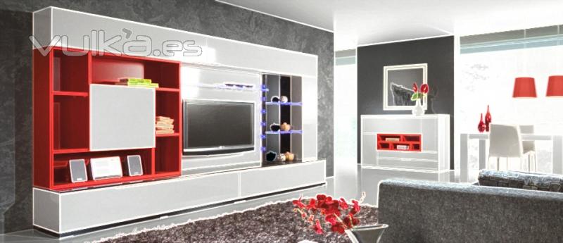 Comedor moderno en blanco con detalles en rojo, luces y leds