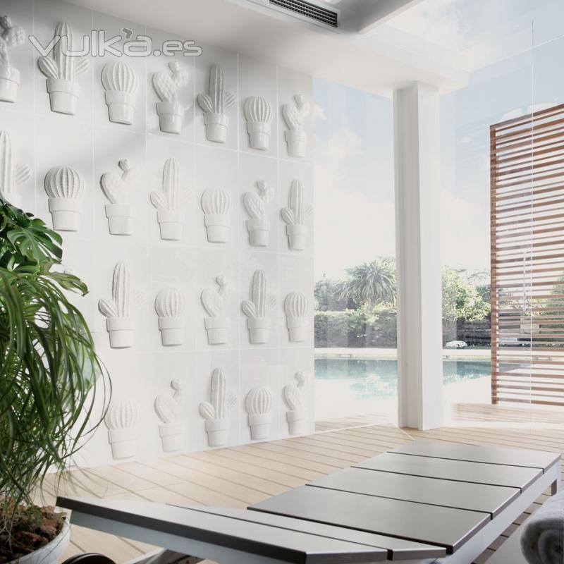 Serie Blanco Brillo 30x60 cm, pieza Cactus, revestimiento paredes de salón