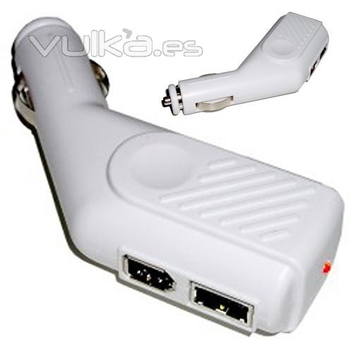 Adaptador cargador USB con 2 puertos USB, para mechero coche. Ref. CMZCC2