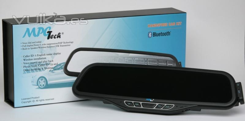 Retrovisor con manos libres bluetooth, audio por FM y mini auricular incorporado, de MPGTech