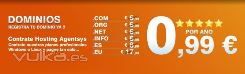 Dominios a 0,99 EUR con caulquier Plan de Hosting Profesional Agentsys
