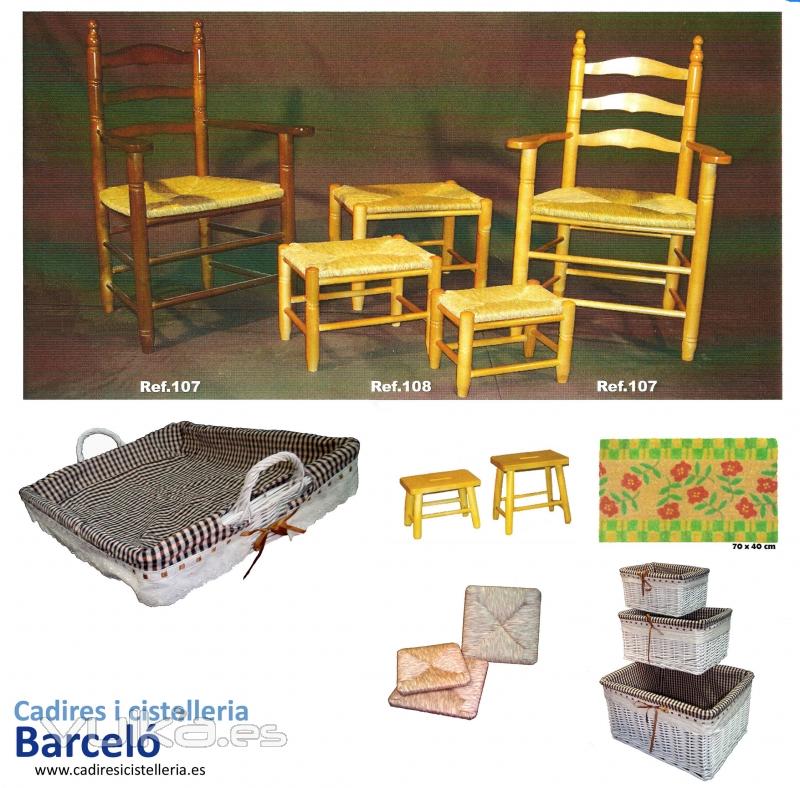 Cestería de mimbre Barceló: sillones de madera, banquetas de madera, bandejas de mimbre, alfombras