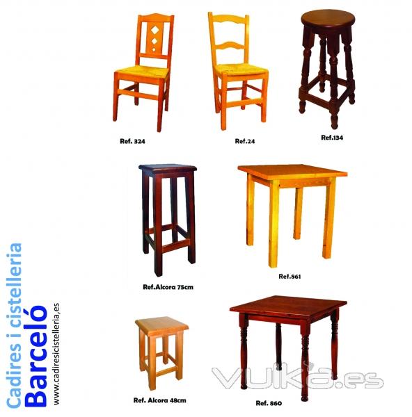 Cadires Barceló: oferim cadires i taules per menjador i cuina. Tamborets de fusta.