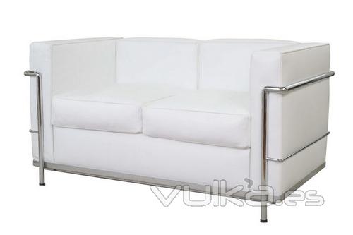 Sofá de diseño, PETIT, 2 plazas, acero inoxidable, piel blanca.