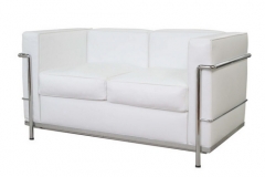 Sofa de diseno, petit, 2 plazas, acero inoxidable, piel blanca