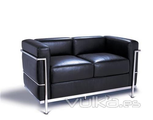 Sofá de diseño, PETIT, 2 plazas, acero inoxidable, piel negra.