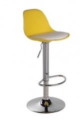 Taburete leslie, base cromada, carcasa amarillo limon, cojin similpiel blanco