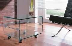 Mesa baja cb096b, rectangular, cristal curvado, ruedas