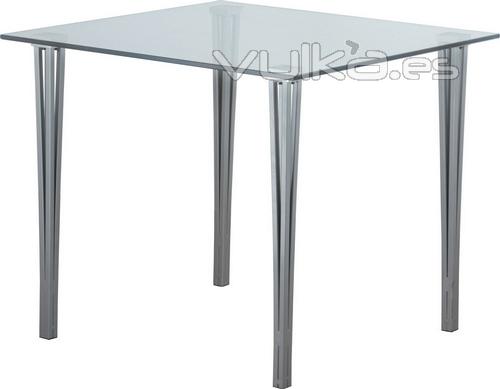 Mesa ANTILLAS, epoxi plata, tapa cristal 85X85 cms.