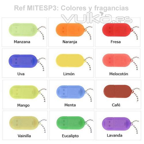 Memoria USB de silcona aromatizada con 12 esencias a escoger. Lote mínimo 100 unidades. Ref. MITESP3