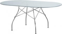 Mesa spider, diseno, base cromada, tapa cristal ovalada 180 x 100 cms