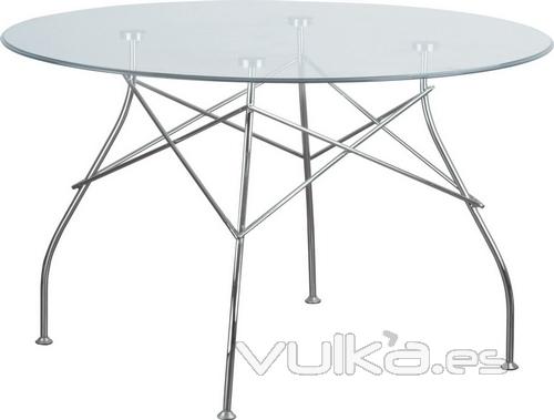 Mesa SPIDER, diseo, base cromada, tapa cristal redonda 120 cms.