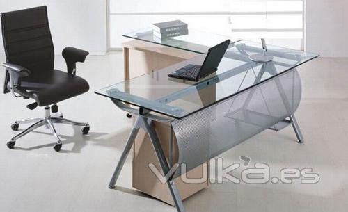 Set de oficina SERIE SAPPORO, 180x80 cms cristal + ala tapa de cristal.