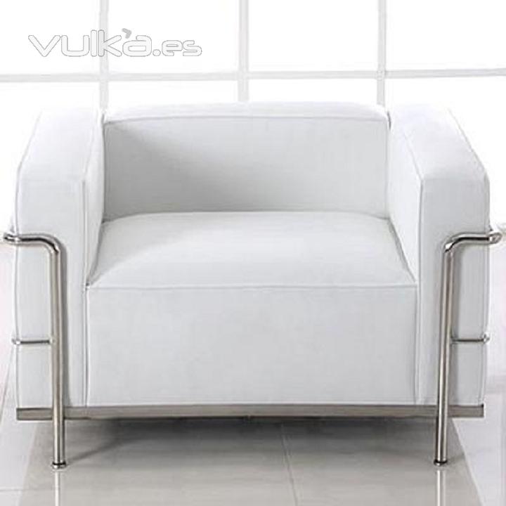 Sillón diseño, GRAND, acero inoxidable, piel blanca.