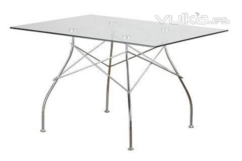 Mesa SPIDER, diseño, base cromada, tapa cristal rectangular 120 x 90 cms.