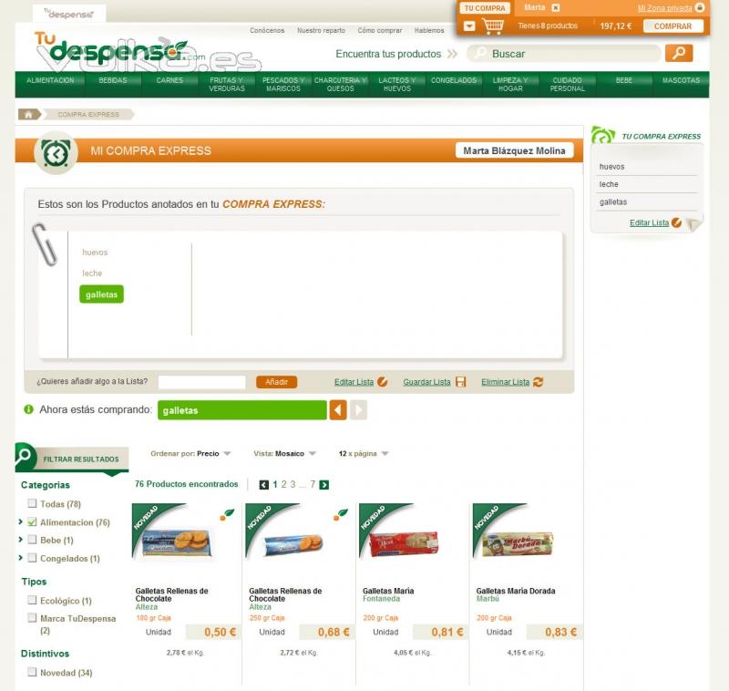 Sipermercado Online Tu despensa. Pantalla de compra express