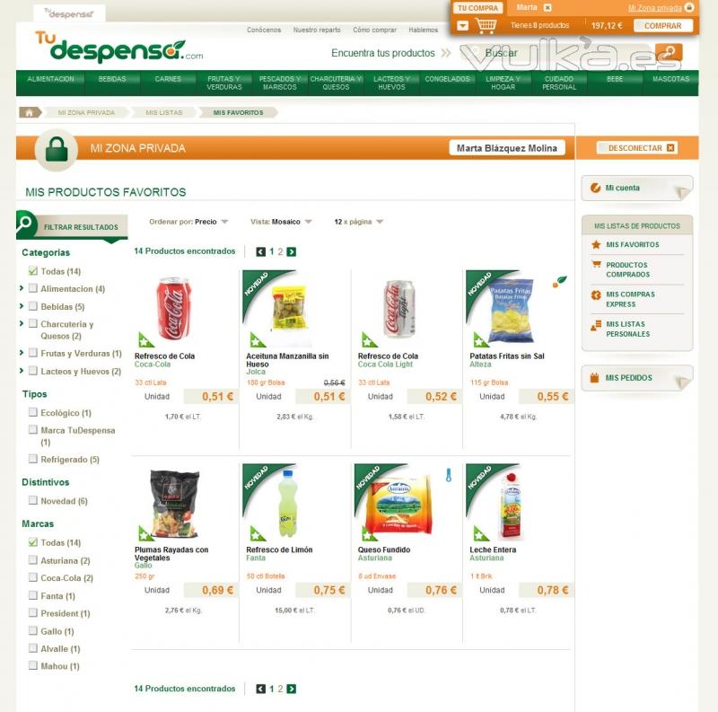 Supermercado Online Tu Despensa. Zona Priva Clientes de productos favoritos