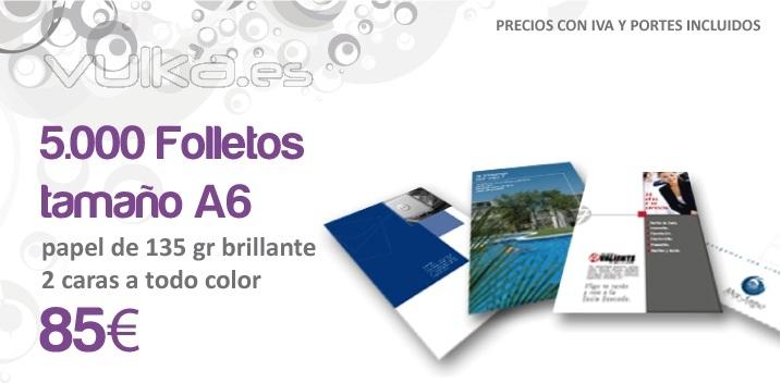 5.000 folletos tamaño A6, papel 135gr brillante, 4 colores, 2 caras: 85EUR IVA y Envio incluidos