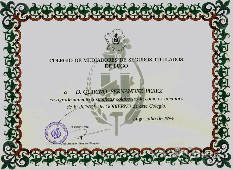 QUIRINO & BROKERS -  Agradecimiento del Colegio de Mediadores de seguros a Quirino Fernndez Prez