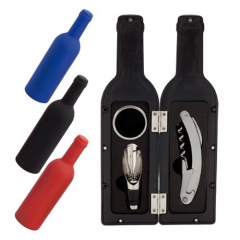 Accesorios vino (3 piezas:sacacorchos, collarin, tapon) en estuche  forma de botella ref azknv23