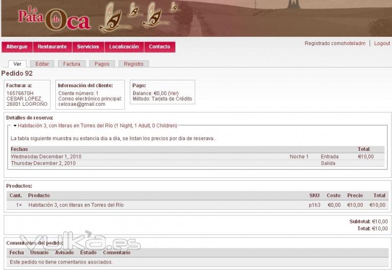 Detalle del sistema de gestin de alojamiento online para hoteles, casas rurales y albergues.