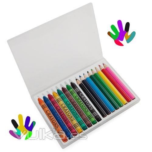 Estuche de colores infantil. Cotiene 16 piezas: 8 lápices + 8 ceras . Desde  0,75EUR .Ref. AKANÑE9