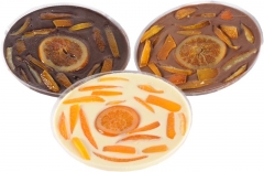 Torta de 200g de chocolate blanco, negro o leche con tiras de naranja