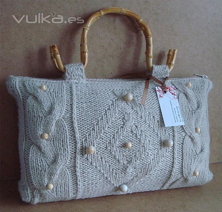 bolsos gris de algodón con asas de bambú