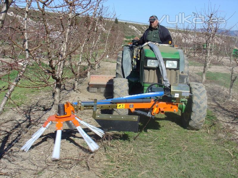 Barredora frutal acoplada a la parte frontal del tractor.