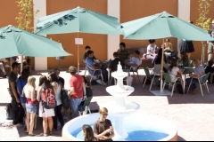Students and faculty enjoy the new patio in padre rubio hall.