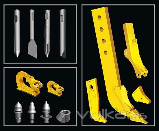 punteros para martiloos hidrulicos, brazos de ripper y componentes, ganchos soldables homologados