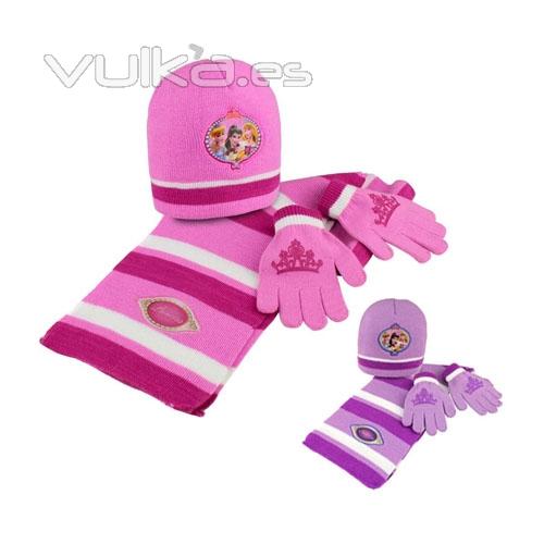 Set Princesas:gorro, bufanda y guantes. Producto licenciado. Pack 24 unidades. Ref. BORNLI15