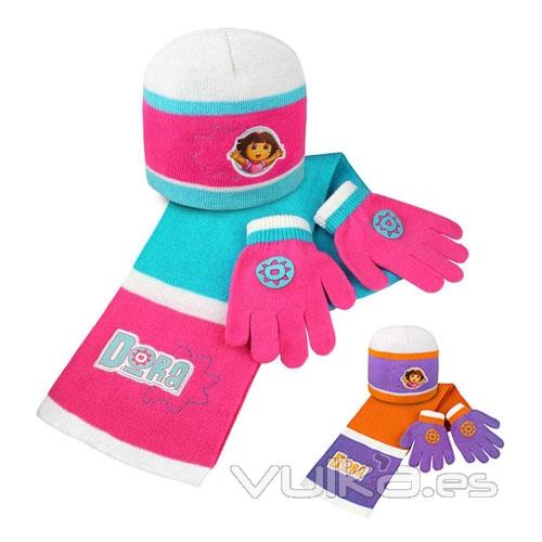 Set  Dora:gorro, bufanda y guantes. Producto licenciado. Pack 24 unidades. Ref. BORNLI14