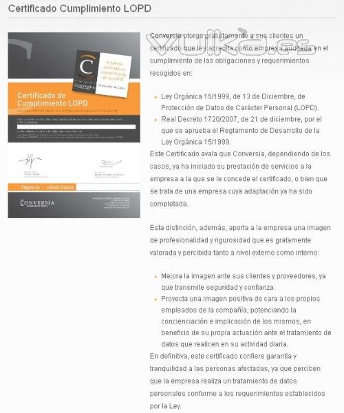 Certificado de Cumplimiento LOPD emitido por Conversia.