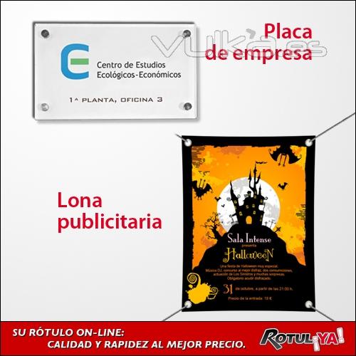 Placa de empresa en metacrilato, lista para instalar. Lona impresa: publicidad a lo grande.