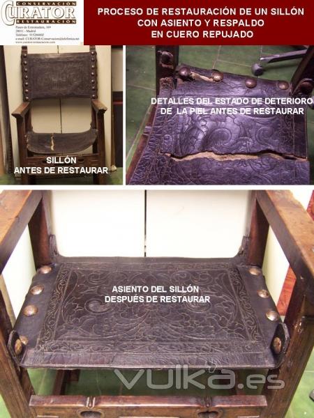 Restauración de piel. Proceso de restauración de un sillón de cuero repujado