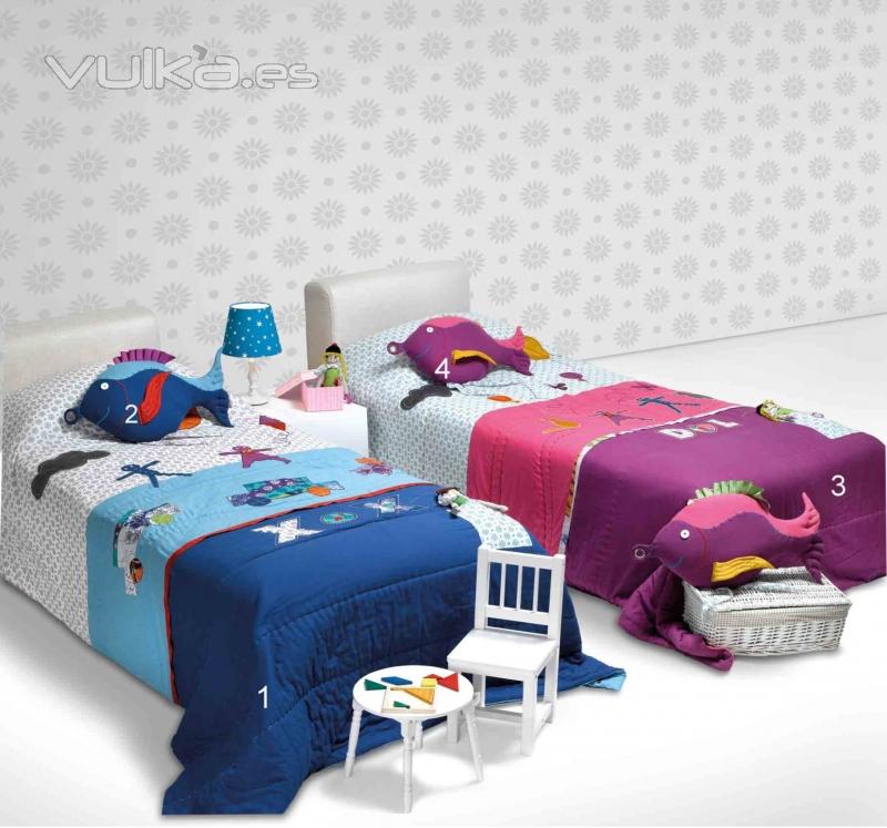 Boutis, edredones o quilts infantiles, con cojines a juego, KIDZ 02 MA y MB. De Pablo Paniker.